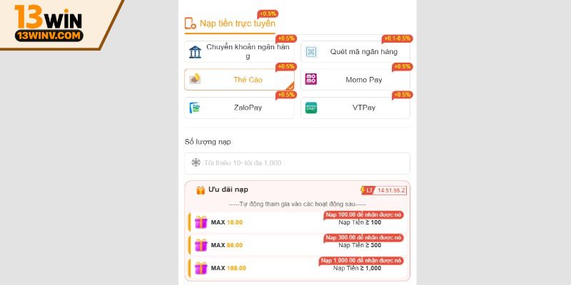 Câu hỏi về phí nạp tiền 13Win