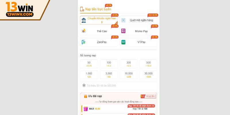 Nạp tiền 13Win qua phương thức chuyển khoản ngân hàng